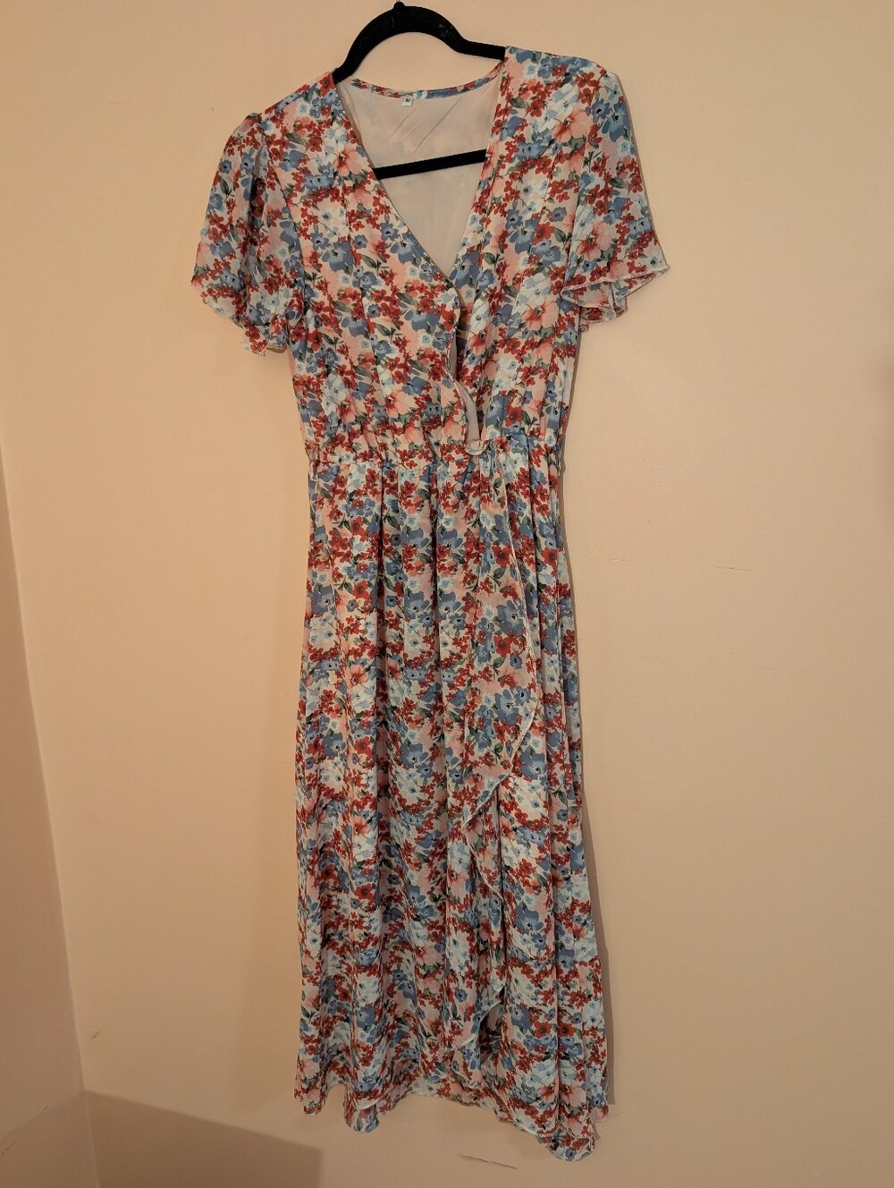 Floral V-Neck Maxi Dress in Light Blue and Red